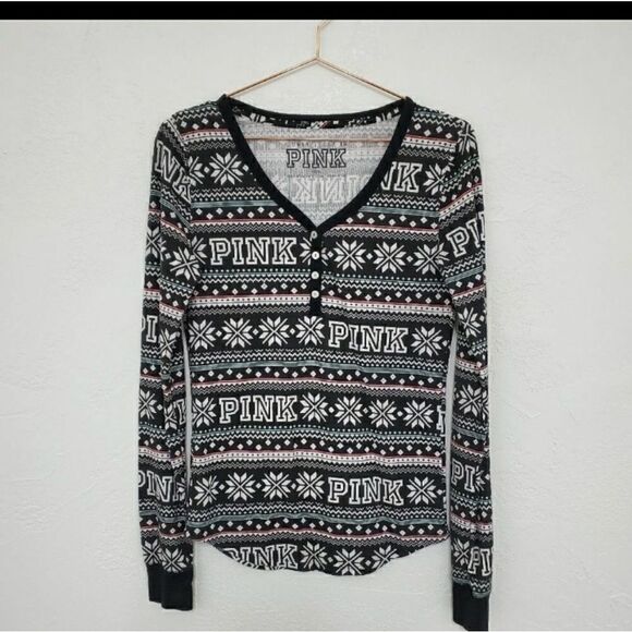 VS PINK HENLEY SNOWFLAKE THERMAL SLEEP SHIRT MEDIUM - Picture 1 of 4